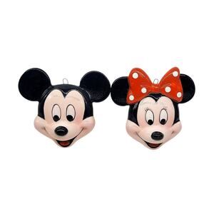 Vintage Schmid Mickey & Minnie Mouse Ceramic Porcelain Head Christmas Ornaments